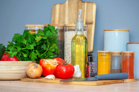 Vibrant Herbs And Vegetables Showcase, Bright Garden Vegetables And Herbs Arranged Near Pantry Items...