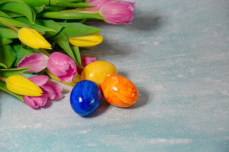Bright Tulip Petals And Eggs, Playful Spring Arrangement With Glossy Eggs And Vibrant Tulip Petals...