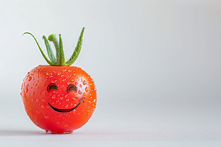 Humorous cartoon tomato character with a comical face on a clean white backgroundの素材