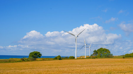 Twin Wind Turbines On Coastal Plain Above Ripening Crop Under High Clouds, Balanced Composition And...