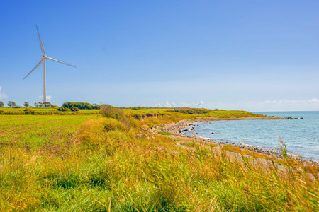 Wind Turbine On Grassy Coastal Bluff, Renewable Energy Landmark With Sweeping Sea View And Wild...
