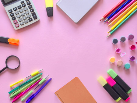 A bright and vibrant arrangement of assorted school supplies that are perfect for students and office use. High quality photoの写真素材