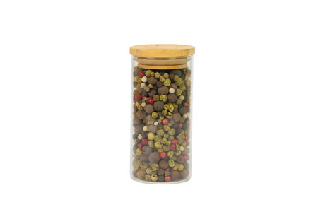 Grinder with peppercorn mix isolated on white.