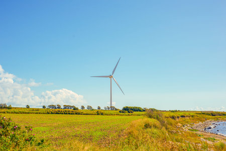 Meadow Path Leading To Wind Turbine By Creek, Narrow Water Channel Winds Through Vegetation Toward...