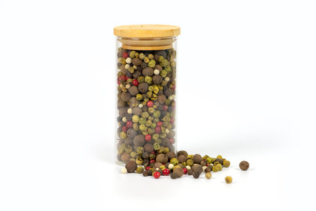 Peppercorns Jar Display. Stylish Product Photograph Showcasing Spice Jar With Spilled Peppercorns On...