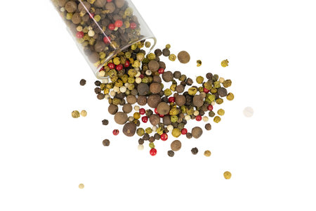 Detailed Image Showcasing Assortment Of Vividly Colored Peppercorns On Smooth White Background For...