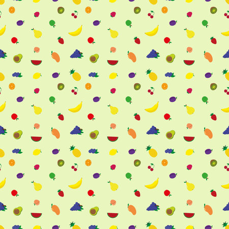 A  pattern with brightly colored flat fruits on a pastel background. A repeating texture with fresh...
