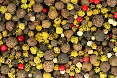 Vivid Pepper Pattern. Detailed Image Of Mosaic Of Colorful Peppercorns With Vibrant Berries For...