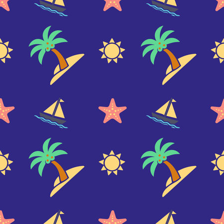 Summer  pattern with palm trees, ship and sun on dark blue background, suitable for textiles and...