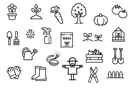 A set of linear icons for gardening. Simple outline symbols of plants, tools, vegetables,greenhouses, watering,and farming elements. Vector collection of outline symbols for garden and farming design.のイラスト素材