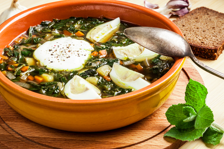 Large bowl of healthy and tasty nettle soup with egg close-upの写真素材