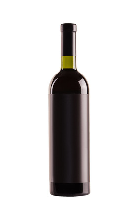 Red wine. Bottle of green glass with a blank black label on a white background.の写真素材