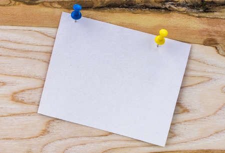 white paper pinned on the wood backgroundの写真素材