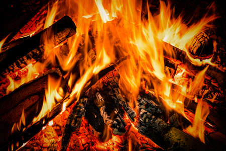 firewood in the bonfire with fire and sparks - backgroundの写真素材