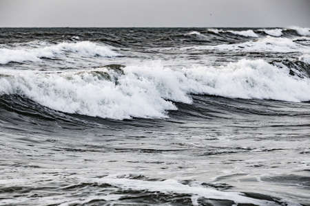 Photo of storming sea with high and small waves with splashes and foam. The sky is gray, smooth and cloudless.の写真素材
