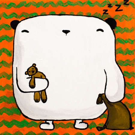 Illustration acrylic white teddy bear sleep with pillow and toy bear under the paw on an orange background with green stripes. Pictures on a square canvas in the nursery.の写真素材