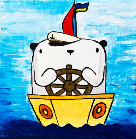 Picture paints white teddy bear captain on ship in blue sea or ocean. Illustration painted on canvas square shape.の写真素材