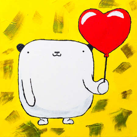 Painted white teddy bear with balloon red heart on yellow background with brush strokes of gold paint. Beautiful pictures on canvas.の写真素材