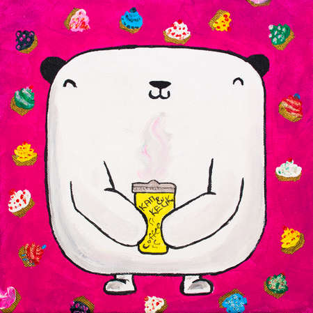Painted cute white teddy bear with colorful cupcakes and coffee on bright pink background. Illustration for children's rooms painted on canvas.の写真素材