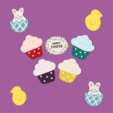 Four Cupcakes  on purple background and rabbit,のイラスト素材
