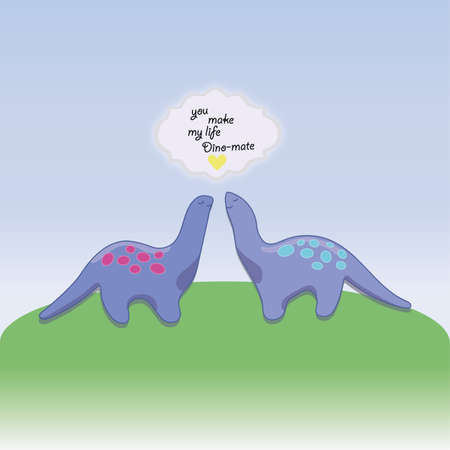 Valentines Day Illustration of Funny Dinos Couple in Love in green landのイラスト素材