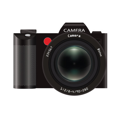 Realistic mirrorless photo camera with lens green glass front view. Isolated on white background....