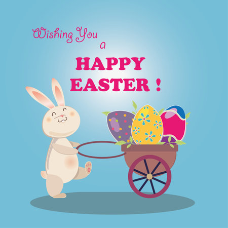 Easter Bunny moves eggs of different colors in the trolley