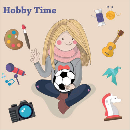 Beautiful girl with a different hobby. Origami paper, football ball and photography, sewing, music, painting, chess. Icons for hobbiesのイラスト素材