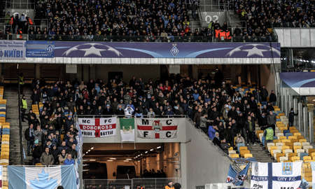 KYIV, UKRAINE - FEBRUARY 24, 2016: UEFA Championes League game with Dynamo Kyiv and  Manchester City FC at NSC Olimpiyskiy stadium. Round of 16 - 1st leg.のeditorial素材