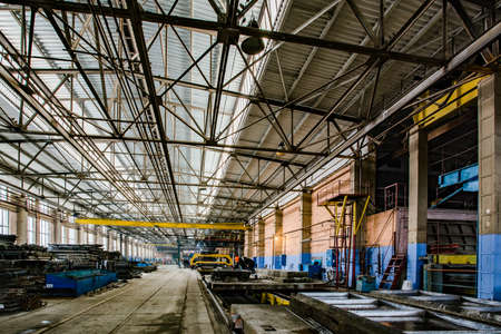 Kyiv, Ukraine - January 27, 2016: Old factory for concrete production. The staff and workers of the old workshop of concrete production. Technological processes of concrete productionのeditorial素材
