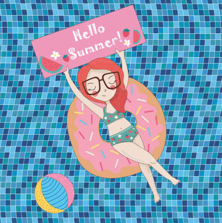 Girl relaxing in mosaic swimming pool and have a sunbatheのイラスト素材