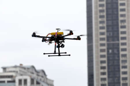 KYIV, UKRAINE - FEBRUARY 24, 2016: Innovation and tehnologies of drone experience copter flyingのeditorial素材