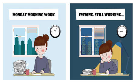 Hard working day of one beautiful girl. from morning to late eveningのイラスト素材
