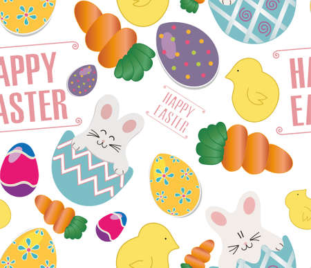 Cute Easter vector pattern Cute and colorful Happy Easter vector pattern. Illustration bunny in the egg, chicken, beautiful painted eggs and carrots.のイラスト素材