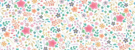 Beautiful and bright spring colorful Pastel flowers, leaves, twigs. Patternのイラスト素材