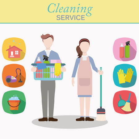 Cleaning staff characters with cleaning equipment in trendy flat design. Man and woman workers standing. Icons with cleaning items.のイラスト素材