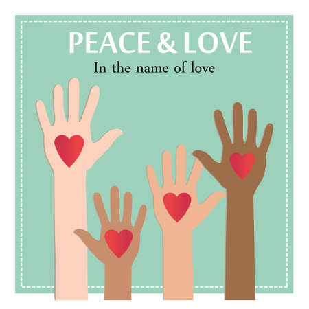 Red heart in hands, hands in the air. Symbol of love, gratitude and friendship. Vector illustration. Cool postcard in flat design.のイラスト素材