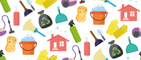 Cleaning seamless pattern with washing housework dishes broom bottle sponge icons seamless pattern vector illustrationのイラスト素材