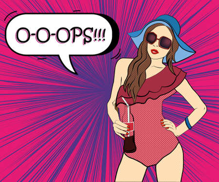 Sunny beach pop art girl on bright pink purple background. Woman is wearing a hat and swimsuit.のイラスト素材
