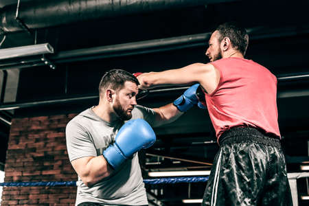 Two boxers train on the ring. Kicking and blocking the hit. One athlete in blue boxing gloves, the second in a red sports uniform. Athletes are fighting against a background of a brick wall loft.の写真素材