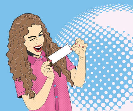 Popart girl brunette girl with small peace of paper for uour text mockupのイラスト素材