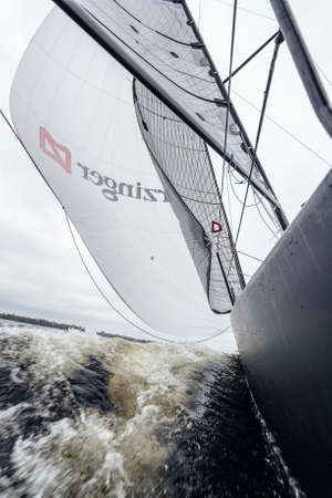 KYIV, UKRAINE - APRIL 26 2016: Traning on the new model of yacht OceanTECH L30 on the Kyiv water reservoir or Kyiv SEA with Rodion Luka, L30 idea authorのeditorial素材