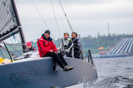 KYIV, UKRAINE - APRIL 26, 2016: Traning on the new model of yacht OceanTECH L30 on the Kyiv water...