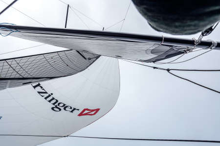 KYIV, UKRAINE - APRIL 26, 2016: Traning on the new model of yacht OceanTECH L30 on the Kyiv water reservoir or Kyiv SEA with Rodion Luka, L30 idea authorのeditorial素材