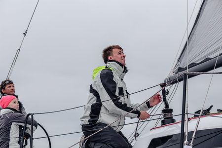 KYIV, UKRAINE - APRIL 26, 2016: Traning on the new model of yacht OceanTECH L30 on the Kyiv water...
