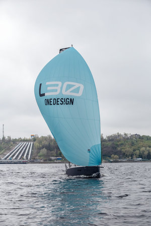 KYIV, UKRAINE - APRIL 26, 2016: Traning on the new model of yacht OceanTECH L30 on the Kyiv water reservoir or Kyiv SEA with Rodion Luka, L30 idea authorのeditorial素材