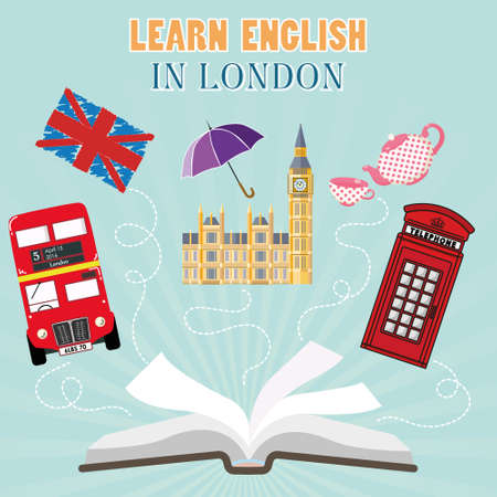 Abroad Language School. Studying foreign languages concept. Open book with England flag and english symbols. Flat design, illustration. text - Learn english in London.のイラスト素材