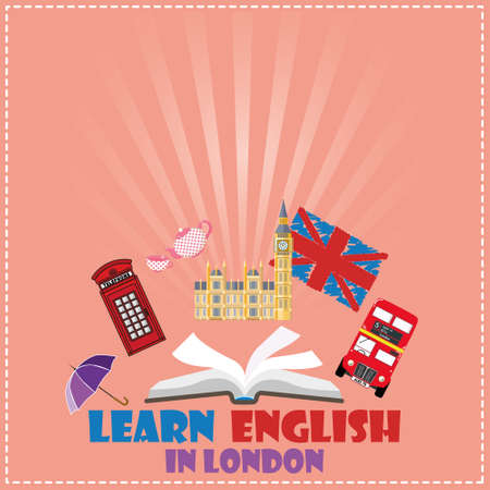 Concept of travel or studying English. Open book with English symbols - Big Ben, red bus, red telephone box. Flat design, illustrationのイラスト素材