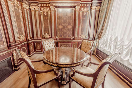 KIEV, UKRAINE - MAY 19, 2016: Interior photosession of the new demo conference room from Ukrainian furniture production. Rich style in wooden and gold textures from - Altair co.のeditorial素材