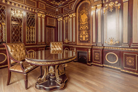 KIEV, UKRAINE - MAY 19, 2016: Interior photosession of the new demo conference room from Ukrainian furniture production. Rich style in wooden and gold textures from - Altair co.のeditorial素材